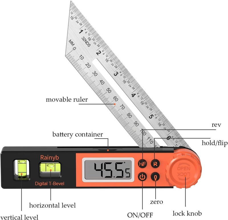 Rainyb Digital Angle Finder Protractor 0-360 Degree T-Bevel Gauge & Protractor with Horizontal Vertical Bubble & Full LCD Display for Woodworking, Metalworking, Construction（7-Inch X 2Pcs） - Image 2